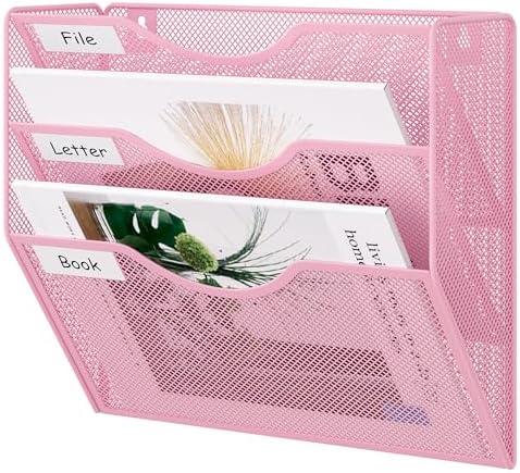 EasyPAG 3 Pocket Mesh Wall File Organizer, Hanging Paper Folder Holder with Classify Label, Vertical Wall Mount Mail Organizer for Office Home Classroom, Pink by EasyPAG
