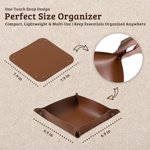 3 PACK PU Leather Jewelry Valet Tray Organizer, Foldable & Portable Catch All Bowl for Entryway Table, Nightstand, Desk & Travel | Storage Dish for Keys, Watch, Coin, Glasses (Brown) - Image 5