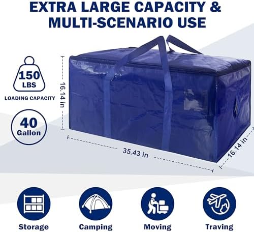 16 Pack Extra Heavy Duty Large Moving Bags with Strong Zipper & Carrying Handles, Sturdy Clothes Storage Bags Totes Bins, Packing Moving Boxes College Supplies, Dark Blue - 40 gal - Image 2