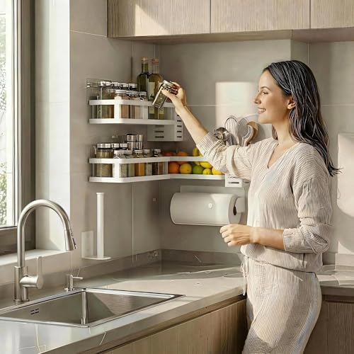 PUSDON 5-in-1 Shower Caddy & Kitchen Organizer Set, Wall Mount Wide Spice Rack with Paper Towel Holder, Utensil Holder, Soap Dish, Rustproof Mesh Baskets Hold 50LBS - White, Guardrail - Image 5
