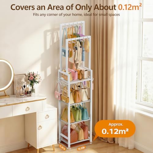Tall Purse Organizer for Closet: 4-Tier Double Rods Purse Rack Stand,White - Image 3