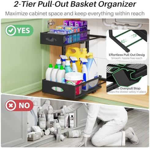 Under Sink Organizer, 2-Pack Pull Out Cabinet Organizer 2 Tier Metal Slide Out Storage Shelf Rack, L-Shaped Adjustable Height,Mesh Sliding Drawer for Kitchen, Bathroom, Laundry, Pantry, Black, XL - Image 4