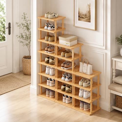 SAN HE Bamboo Shoe Rack 17 Tier- Vertical Shoe Rack for Small Spaces, Tall Narrow Shoe Rack Organizer for Closet Entryway Corner Garage and Bedroom,Skinny Shoe Shelf with Free Stackable DIY - Image 4
