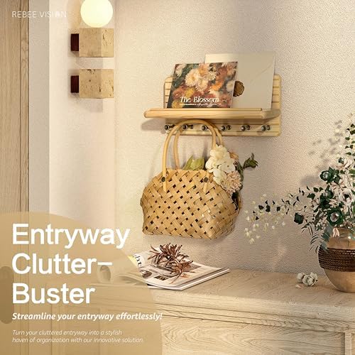 Rebee Vision Key Holder Wall Mount with Shelf for Entryway, Natural Wood - Image 4