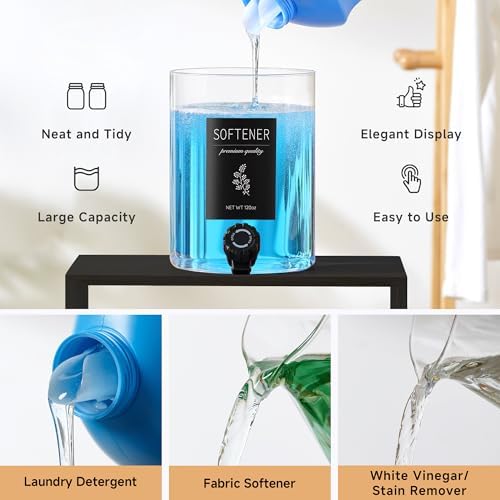 Glass Laundry Detergent Dispenser with Shelf & Black Bamboo Lid - 120 Oz Liquid Detergent, Laundry Soap & Fabric Softener Dispenser for Laundry Room Organization and Storage with 2 Cups & 8 Labels - Image 7