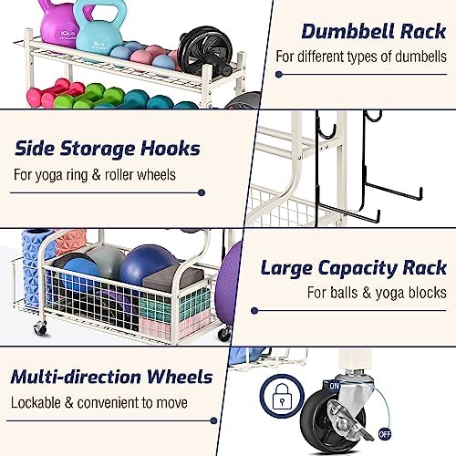 PLKOW Dumbbell Rack, Weight Rack for Dumbbells, Home Gym Storage for Dumbbells Kettlebells Yoga Mat and Balls, All in One Workout Storage with Wheels and Hooks, Powder Coated Finish Steel - Image 4
