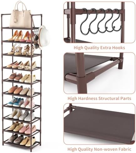LANTEFUL 10 Tiers Tall Shoe Rack 20-25 Pairs Boots Organizer Storage Sturdy Narrow Shoe Shelf for Entryway, Closets with Hooks, Brown - Image 4