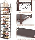 LANTEFUL 10 Tiers Tall Shoe Rack 20-25 Pairs Boots Organizer Storage Sturdy Narrow Shoe Shelf for Entryway, Closets with Hooks, Brown - Image 4