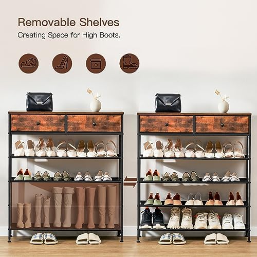 usikey Shoe Rack, 5 Tier Shoe Storage Organizer with 2 Drawers, Metal Shoe Shelf for 16-20 Pairs of Shoes, with 4 Oxford Fabric Shelves and Wooden Top, Shoe Stand for Closet, Entryway, Rustic Brown - Image 5