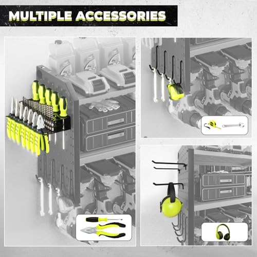 KAFAHOM Power Tool Organizer with Charging Station, Built in 8 Outlet Power Strip,Large 8 Drill Holder Wall Mount, Heavy Duty Metal Power Tool Storage Rack Tool Shelf for Garage Organization - Image 3