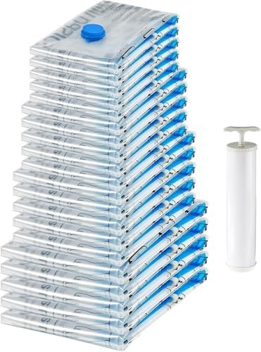 Amazon Basics Vacuum Storage Bags with Hand Pump for Travel, Space Saving Compression Bags for Clothes, Clothing, Blankets and Duvets, Clear, 20 Pack (5 Small, 5 Medium, 5 Large & 5 Jumbo) by AmazonBasics