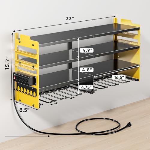 POKIPO Large Power Tool Organizer Wall Mount with Charging Station,4 Layer Heavy Duty Metal Storage Rack Loads 600lbs with 8 Cordless Drill Holder,Battery Utility Rack Gift for Garage workshops Room - Image 7