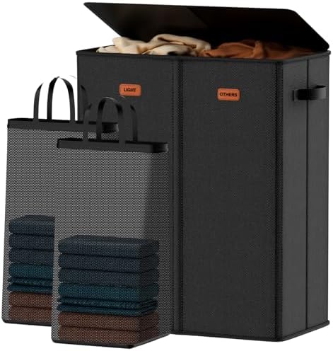 150L Double Laundry Hamper With Lid, Large Clothes Hampers with Removable Bag, Laundry Hamper 2 Section for Bathroom, Bedroom, Laundry Room, Dorm, Black by Vexalora