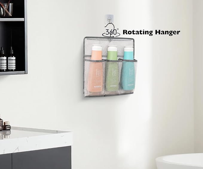 ALYER Mesh Shower Organizer, Shower Caddy with Rotating Detachable Metal Hanger, Quick Dry Bathroom Storage for Toiletry Accessories, Portable Shower Bag for RV, Dorm, Gym and Travel, Gray - Image 6
