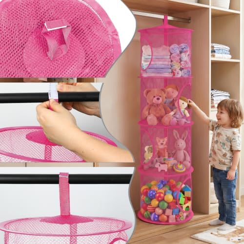 Hanging Stuffed Animal Storage Hammock Net 4 Tiers, Hot Pink - Image 4