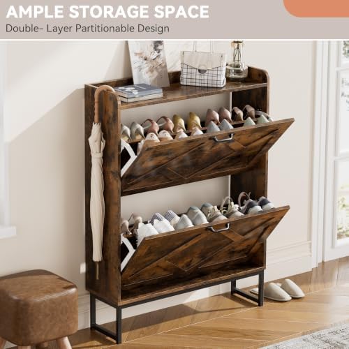 Nicetree Shoe Storage Cabinet with 2 Flip Drawers, Freestanding Wood Shoe Organizer with Metal Legs, Farmhouse Slim Shoe Rack for Entryway, Foyer, Hallway, Rustic Brown - Image 4