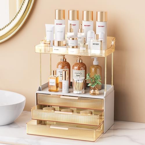 Anylady Bathroom Organizers and Storage, Makeup Organizer (Sturdy Durable Attractive), Ideal for Vanity, Countertop, Counter, Perfume, Skincare, Cabinet, Cosmetic, Dresser Organizer (Gold) by Anylady