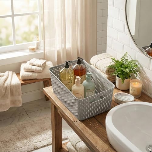 BINO | Plastic Storage Baskets, 13.5 Liter - 3 Pack, Natural Grey | THE WOVEN COLLECTION | Storage Basket for Shelves | Woven Storage Baskets for Organizing Bins Pantry Shelf Organizer | Container Bin - Image 2