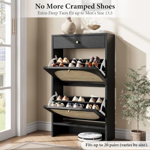 Nicetree Shoe Cabinet for Entryway, Slim Shoe Rack with 2 Flip Drawers and Top Storage Drawer, Narrow Shoe Organizer with Printed Rattan-Look Design, Entryway Shoe Storage for Size 12+ Shoes, Black - Image 4