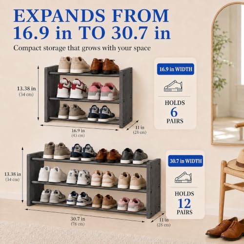 3 Tier Shoe Shelf for Closet, 17"-30" Adjustable Hanging Shoe Rack, Wall Mounted Shoe Rack Holds 12 Pairs, Small Wall Shoe Storage Organizer for Garage, Entryway, Hallway, Bedroom (Black) - Image 2