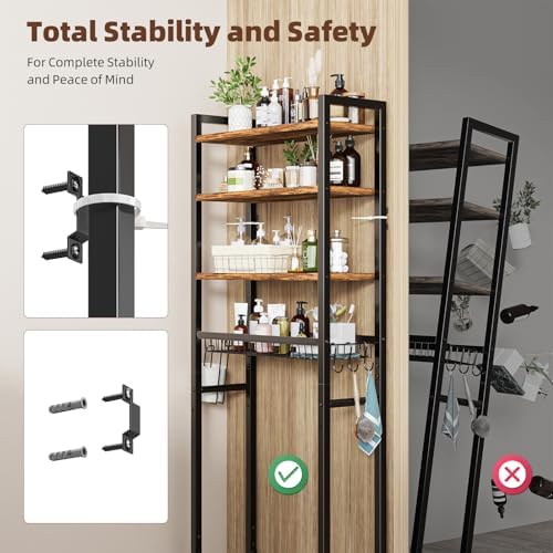 Ekisemio Over The Toilet Storage Rack, 4 Tier Over Toilet Shelf with Adjustable Feet, Freestanding Bathroom Organizer with Wooden Shelves, Hooks, Paper Holder, Vintage Brown - Image 6