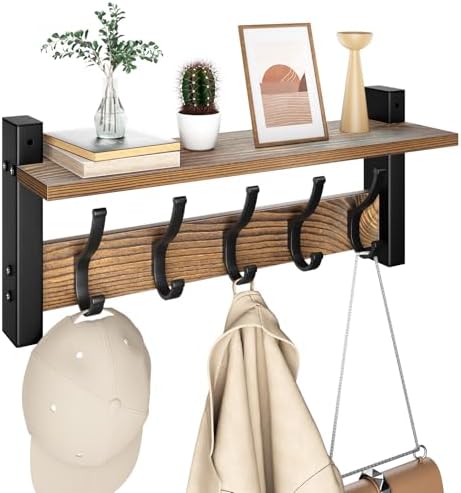 Optish Coat Rack Wall Mount with Shelf, 17.1 Inch Coat Hanger, Entryway Wall Key Holder, Hat Rack for Walls, Shelf with 5 Coat Hooks, Purse Hanger for Wall (Brown) by Optish