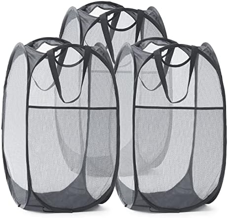 TECHMILLY Collapsible Mesh Pop Up Laundry Hamper with Sturdy Handles and Side Pocket - Portable Foldable Clothes Baskets for Dorm, Bathroom & Travel Storage (Grey, 3 Packs) by TECHMILLY