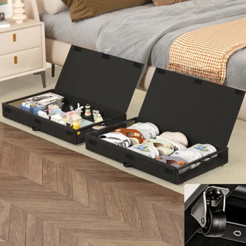 Fokyfok 2 Pack Under Bed Storage with Wheels 4.5 inch Height | Metal Frame,Lid,Rolling Slim Under Bed Drawers for Shoes,Clothes,Shallow Underbed Storage,Under Couch Storage,Black by Fokyfok