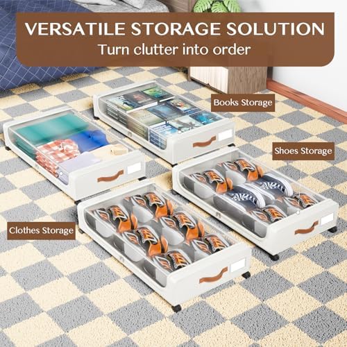 Under Bed Storage with Wheels, UnderBed Storage Containers with Clear Lid and Handles, XXL 60L Under the Bed Storage Bins Drawers for Clothes,Blankets,Shoes,Books (WHITE, 2 PACK) - Image 7