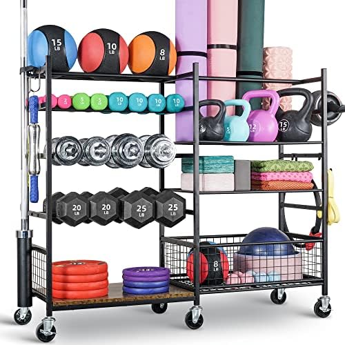 PLKOW Dumbbell Rack, Weight Rack for Dumbbells, Home Gym Storage for Dumbbells Kettlebells Yoga Mat and Balls, All in One Workout Storage with Wheels and Hooks, Powder Coated Finish Steel by PLKOW