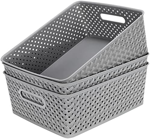 MaxGear 3 Pack Plastic Storage Baskets, Large, Grey by MaxGear