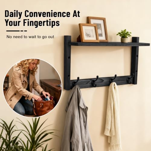 28-Inch Wood Wall Mounted Coat Rack with Shelf, 7 Hooks, 3 Key Holder - Image 5