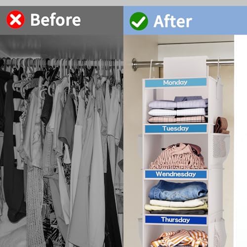 Fixwal Weekly Kids Clothes Organizer 2 Pack 6-Shelf Hanging Storage | Nonwoven Fabric, 6 Daily Shelves, 6 Mesh Side Pockets, 2 Metal Hooks, Foldable Design, for Kids Outfits and Accessories - Image 7