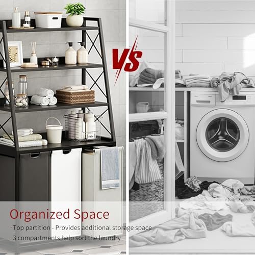 Herture Laundry Basket, 3 Section Laundry Hamper with 4 Tiers Shelf, Pull-Out and Removable Laundry Bags, Large 3 x 15.87 Gallons, for Laundry Room Bathroom Black PF05XLK - Image 6
