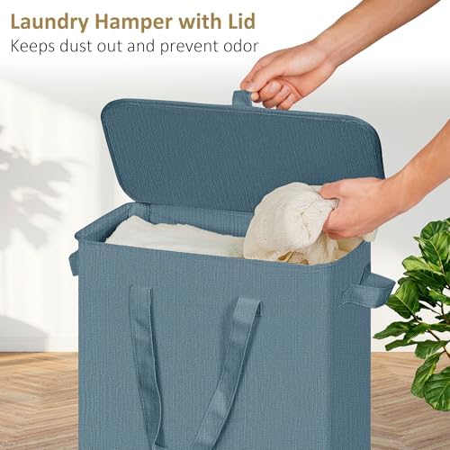 efluky Slim Laundry Basket with Lid, Narrow Laundry Hamper with Handles, Collapsible Dirty Clothes Hamper, Tall Laundry Bin for Laundry Room, Dorm and Bedroom, 55L Denim Blue - Image 3