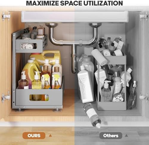 2 Pack Under Sink Organizer,Pull Out Cabinet Organizer With Smooth Cylindrical Rail,Metal Slide Out Drawer for Kitchen Bathroom Laundry Cabinet,8-Level Tool Free Height Adjustable-Gun Gray - Image 6
