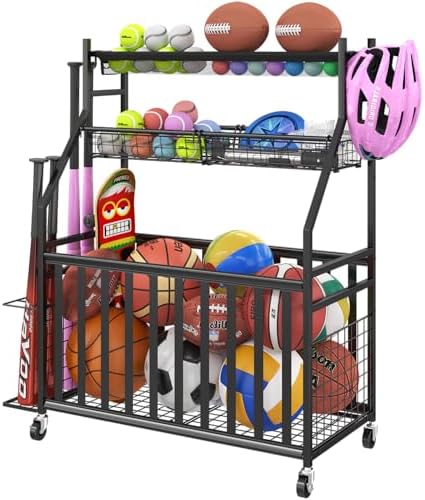 Jsskeeim Garage Sports Equipment Organizer,Sports Ball Organizer with Wheels,Mesh Pocket, Basket,Ball Organizer with Baseball Bat Rack and HooksToy Storage Rolling Cart-Black by Unknown