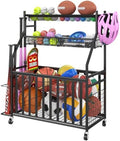 Jsskeeim Garage Sports Equipment Organizer,Sports Ball Organizer with Wheels,Mesh Pocket, Basket,Ball Organizer with Baseball Bat Rack and HooksToy Storage Rolling Cart-Black by Unknown