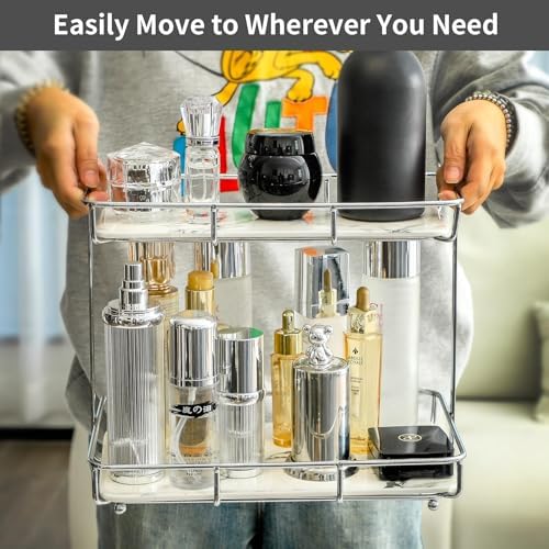 Bathroom Organizer Countertop Perfume Organizer Makeup Organizer Cosmetics Storage Display Rack Vanity Tray Dresser Stainless Steel Gold Shelf White Marble Ceramic Tray (2 Tier L-Sliver) - Image 3