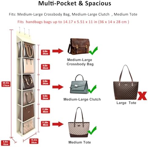 Lirex Over The Door Purse Organizer & Purse Shelf for Closet – Handbag Storage Organizer with Purse Hanger. Perfect for Scarves, Hats, and Leggings. L (15.7'' x 5.7'' x 68''), Cream White - Image 2