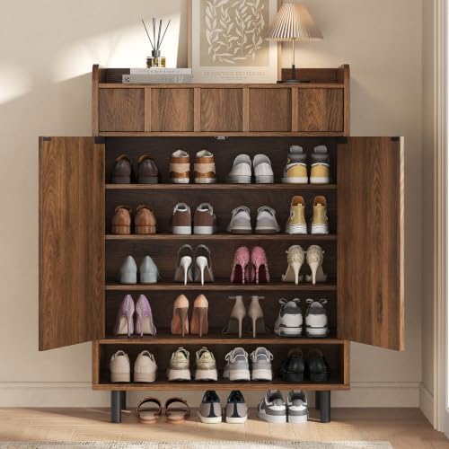 Shoe Cabinet Storage for Entryway with Doors, 6 Tier Fluted Shoe Organizer with Drawer & Adjustable Shelves, Freestanding Hidden Shoe Rack for Front Door Entrance, Walnut - Image 3