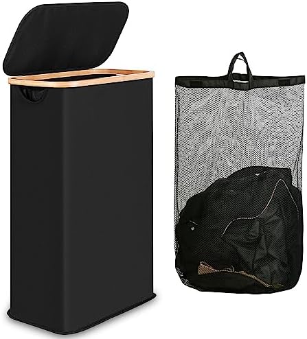 iEGrow 60L Slim Laundry Hamper, Narrow Laundry Basket with Lid,Foldable Clothes Hamper with Bamboo Handles,Hamper Basket with Removable Inner Bag for Laundry Room Bedroom College Dorm,Black by iEGrow