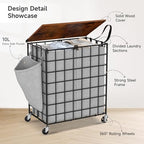 Laundry Basket with Wheels, Heavy Duty Laundry Sorter 2 Sections, 120L (32Gal.) Large Capacity Laundry Hamper with Wood Lid, 360 Rolling Wheels, Extra Side Pocket, Leather Pull Handle, Grey - Image 5