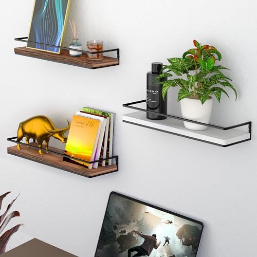 Meangood Floating Shelves Wall Mounted Set of 2, Towel Bar Rustic Wood Wall Storage Shelves for Bedroom,Living Room,Bathroom, Kitchen Rustic Brown - Image 5