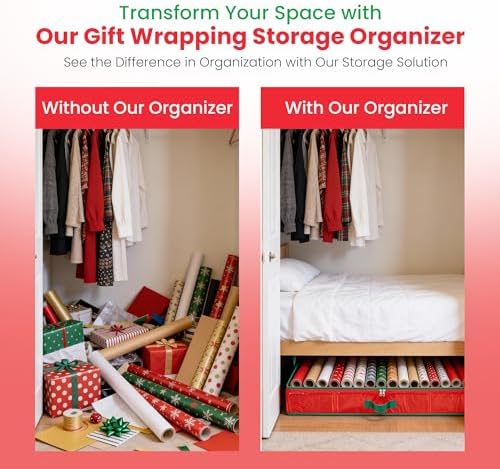 Handy Laundry Gift Wrap Storage Organizer, Easily organize Wrapping Paper, Ribbons, Bows, Scissors, Fits 18-24 Standard Rolls, Keeps Gift Supplies in Perfect Condition & Ready for Next Season, (Red) - Image 5