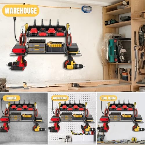 Power Tool Organizer Wall Mount, 2 Layers Heavy Duty 4 Cordless Drill Holder Tool Storage Rack with 8 Power Strip Battery Charging Station,Pliers Screwdrivers Organizer for Garage, Workshop,Tool Room - Image 7