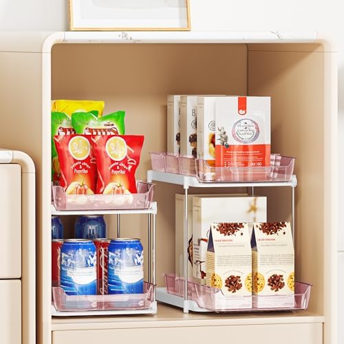 Delamu 2-Tier Multi-Purpose Bathroom Under Sink Organizers and Storage, Stackable Kitchen Pantry Organization, Pull Out Medicine Cabinet Organizer with Movable Dividers, Light Pink, 2 Pack - Image 5