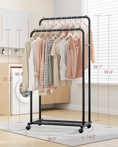 Sakugi Clothes Rack - Clothing Rack with Storage Mesh Shelf & Casters, Heavy-Duty Metal Clothing Rack for Hanging Clothes, Dresses, Coats, Large Load Capacity, Easy Assembly, Black, 28.0"x16.0"x59.0" - Image 2