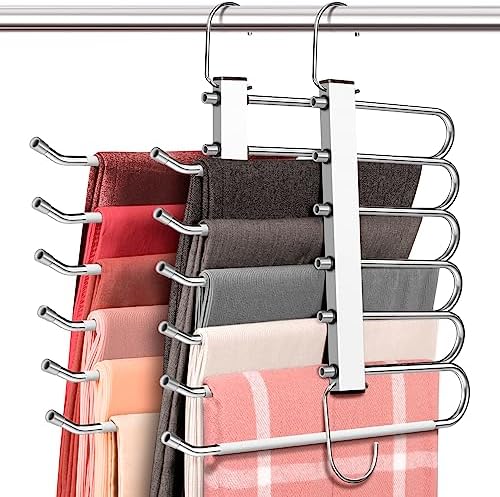 HUITEM 4 Pack 6-Tier Space Saving White Pant Hangers, Anti-Slip, Lightweight, Stainless Steel, Ideal for Closet Organization, Free Installation by HUITEM