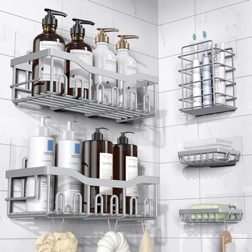 Shower Caddy 5 Pack,Adhesive Shower Organizer for Bathroom Storage&Home Decor&Kitchen,No Drilling,Large Capacity,Rustproof Stainless Steel Bathroom Organizer,Shower Shelves for Inside Shower-Larger by EUDELE